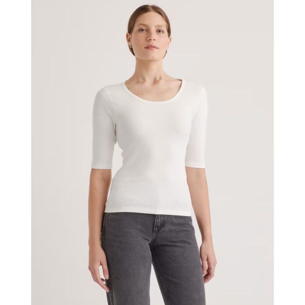 Quince Women Organic Cotton Micro-Rib Elbow Sleeve Tee Sleeved Top White L